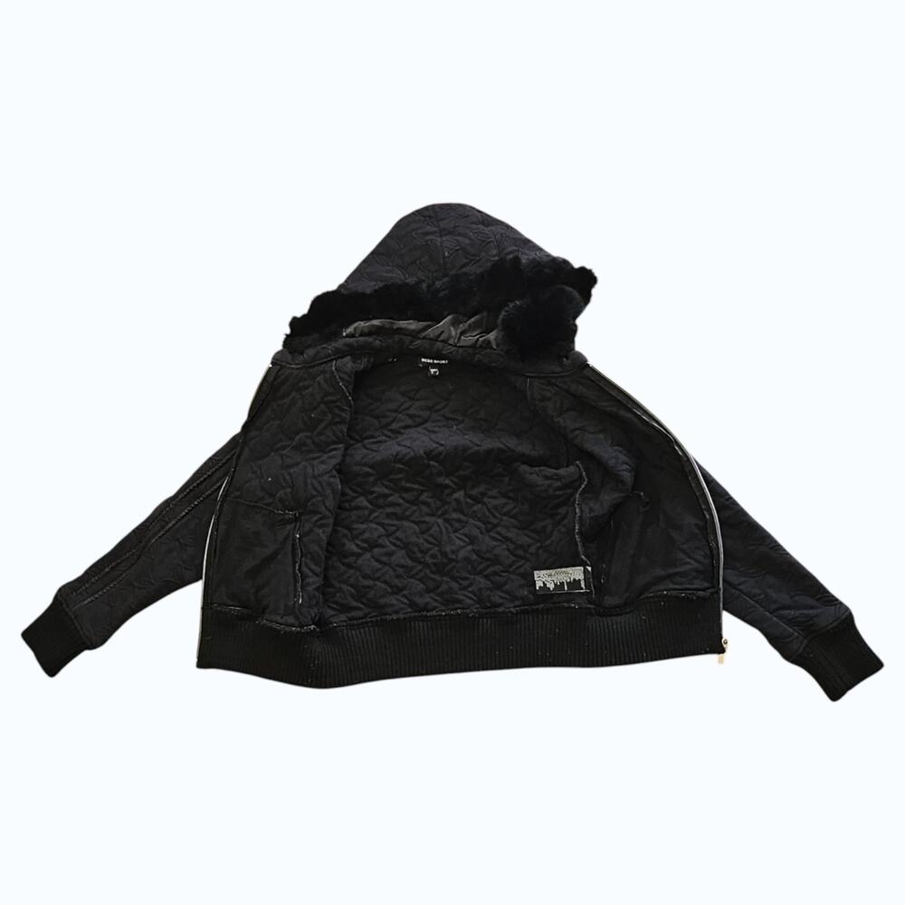 Bebe Sport Y2K Quilted Bomber Jacket Faux Fur Hood Pom Poms Black Womens Small - Picture 2 of 14